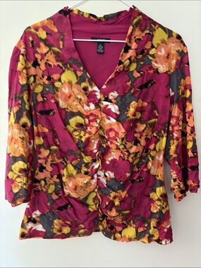 Alfani Fuchsia Floral Ruched V-Neck Lined Blouse